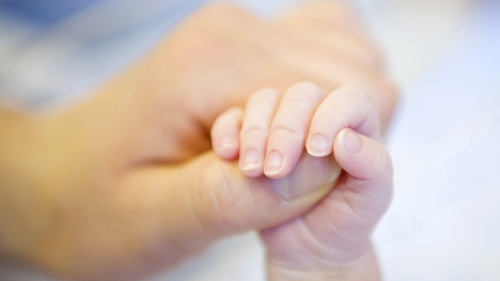 A person holding a baby's hand.
